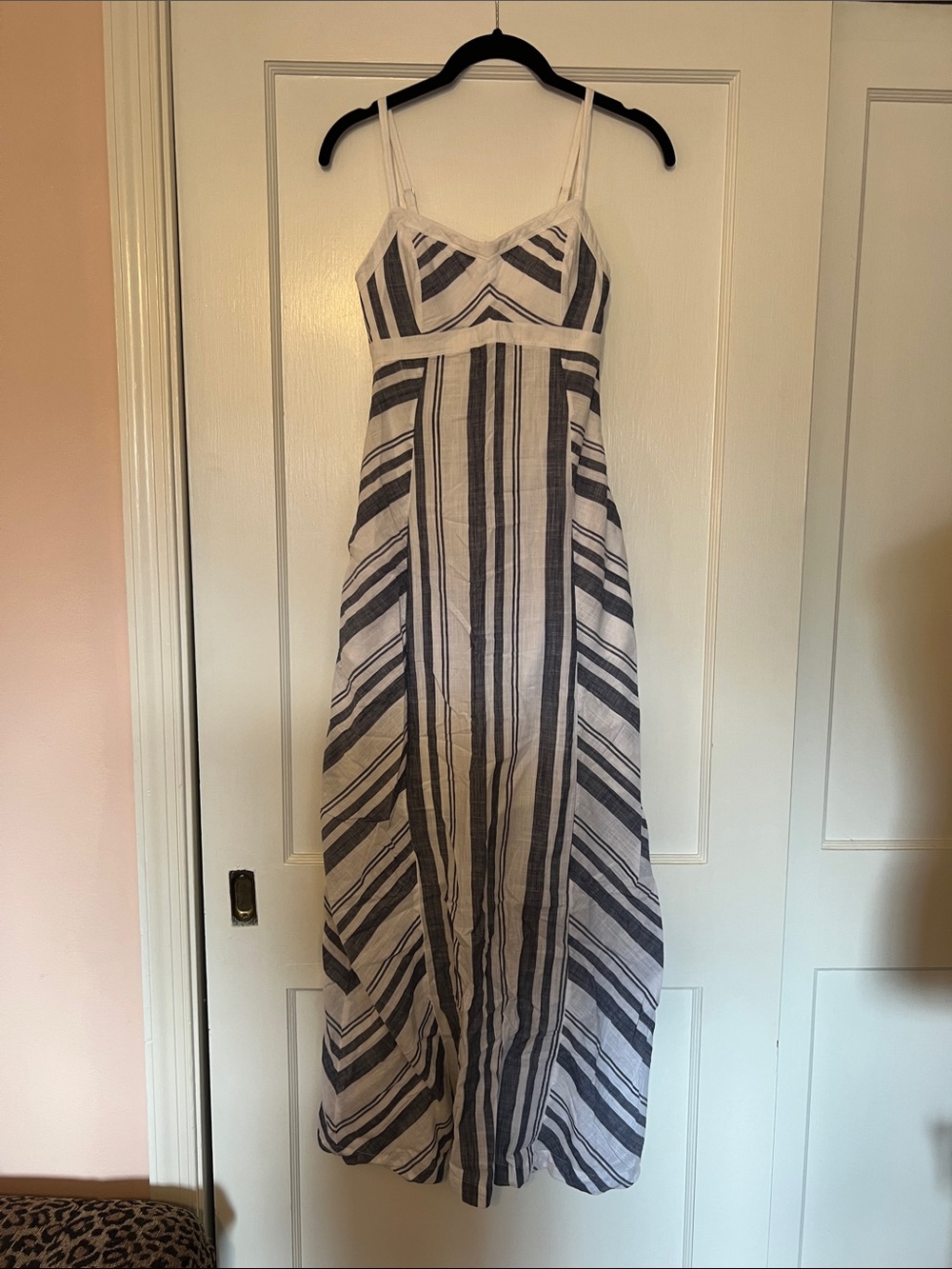 Athleta White and Blue-gray Striped linen, lined Maxi Dress size 0